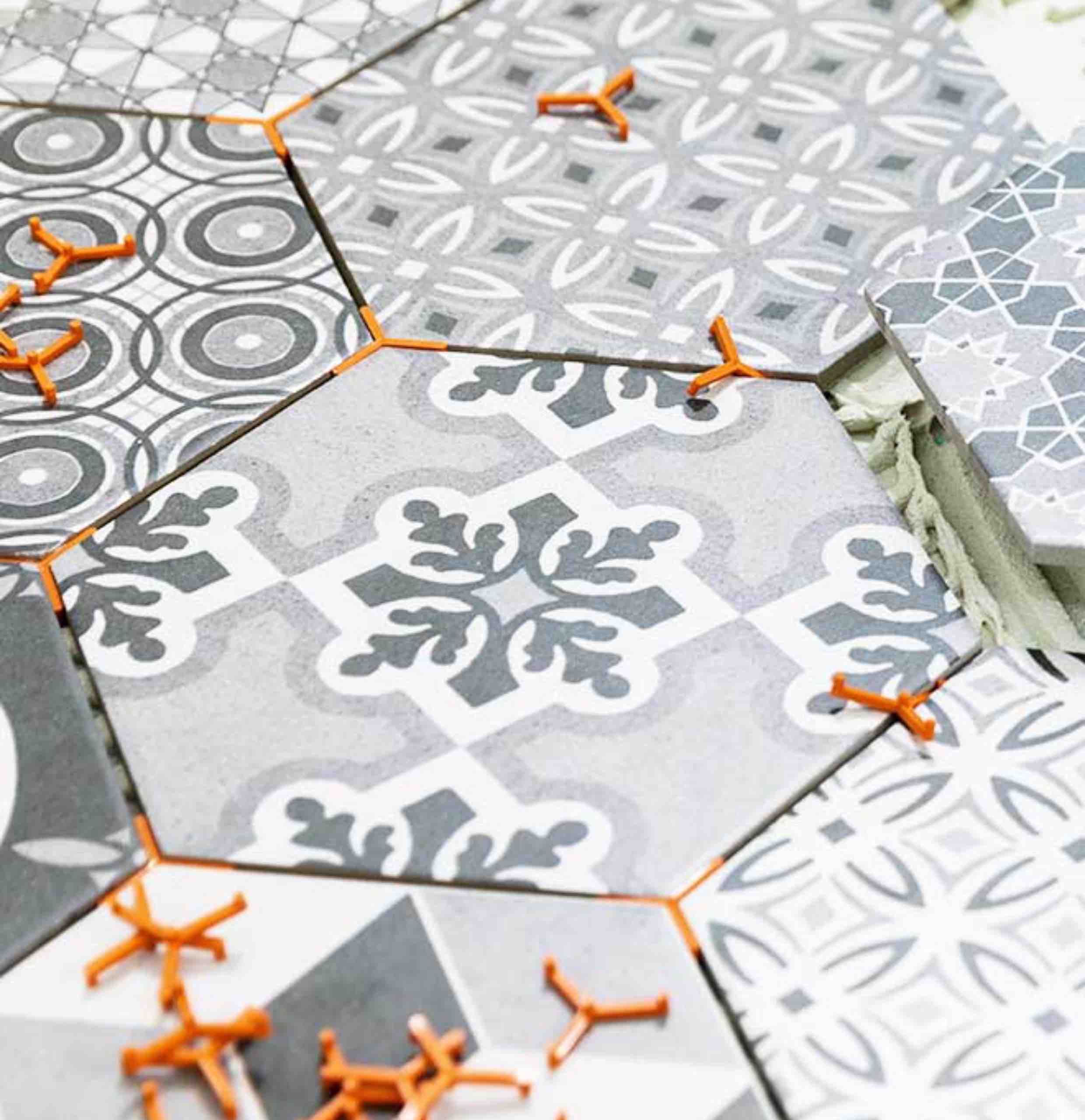 Trendy hexagonal tiles installed by Footprints Floors in Wilmington / Southport.